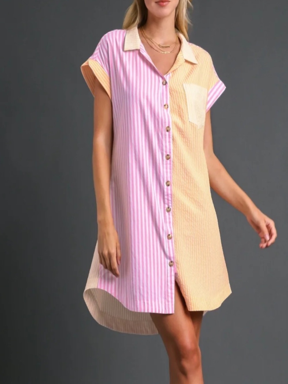 Umgee Pink and Yellow Striped Button-Front Mini Dress